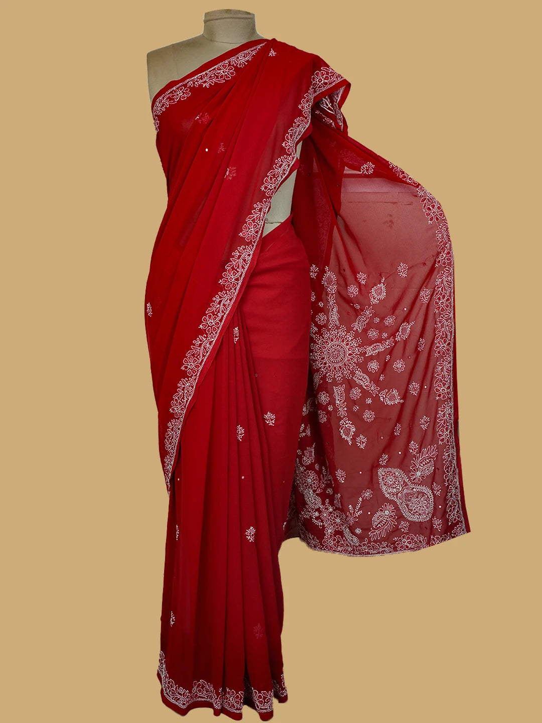 Ada Hand Embroidered Red Georgette Lucknowi Chikankari Saree and Blouse With Cutdana Work 01A269892