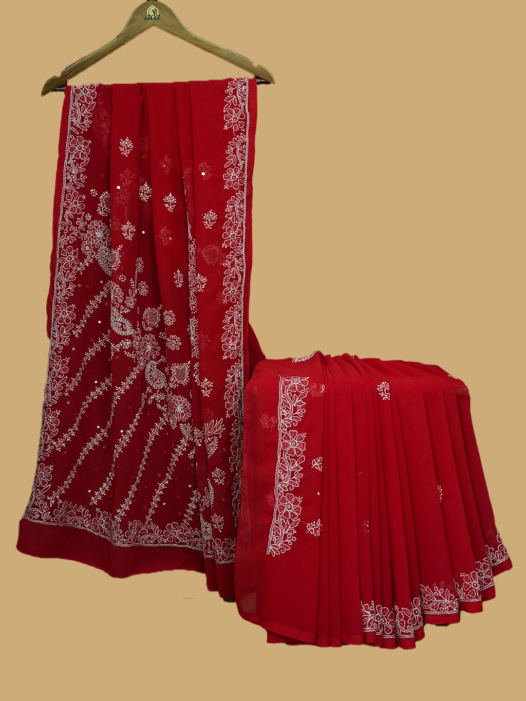 Ada Hand Embroidered Red Georgette Lucknowi Chikankari Saree and Blouse With Cutdana Work 01A269892