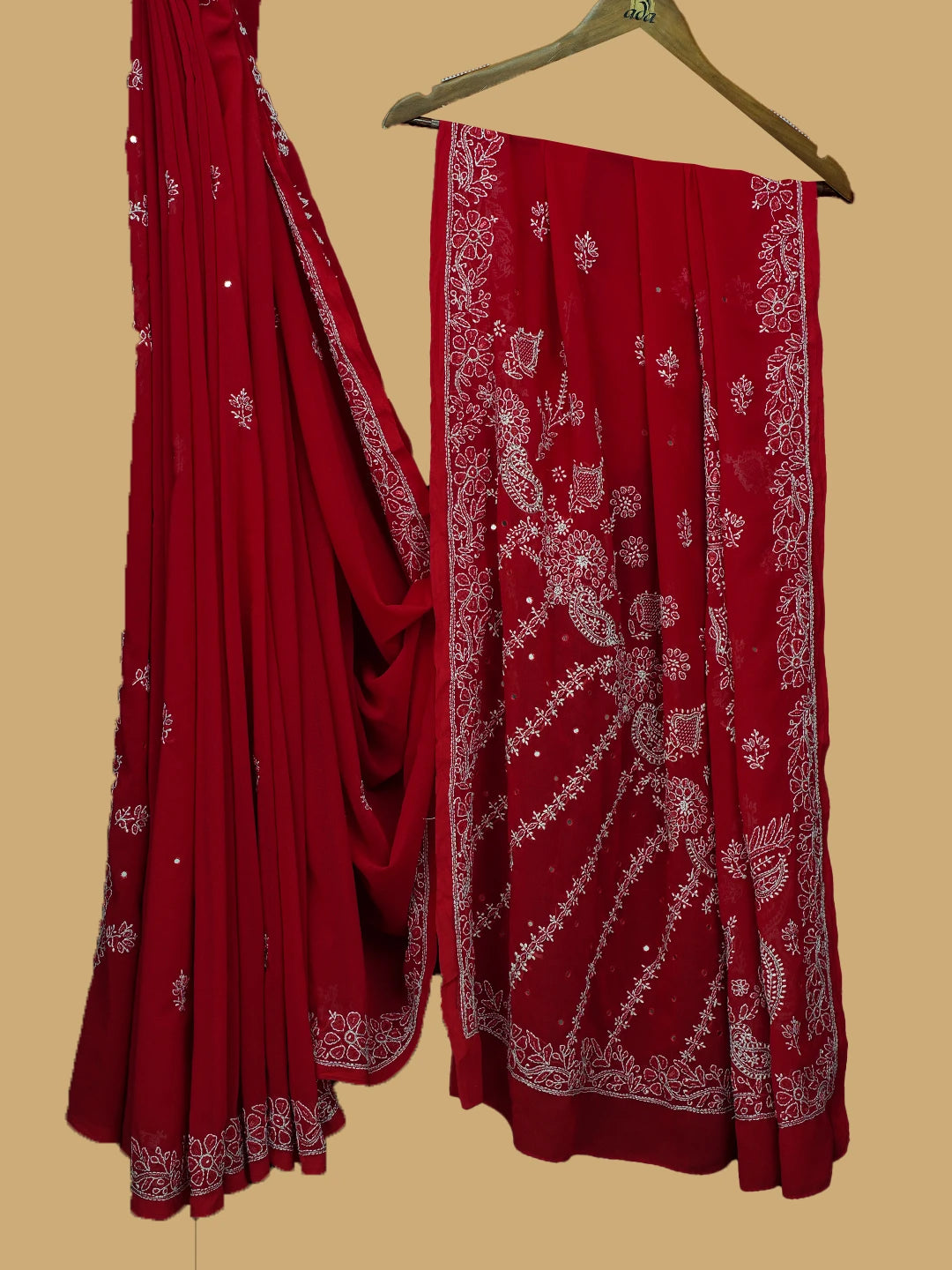 Ada Hand Embroidered Red Georgette Lucknowi Chikankari Saree and Blouse With Cutdana Work 01A269892