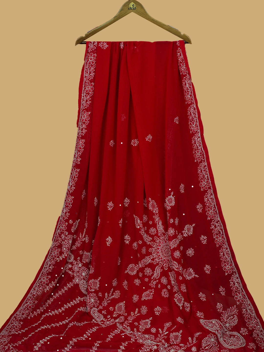 Ada Hand Embroidered Red Georgette Lucknowi Chikankari Saree and Blouse With Cutdana Work 01A269892