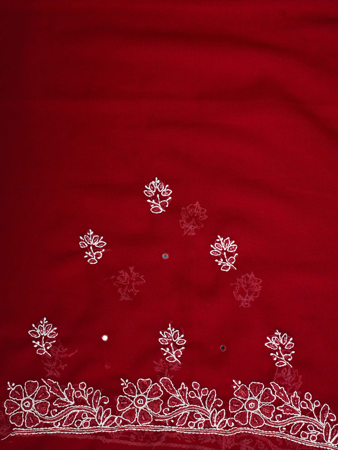 Ada Hand Embroidered Red Georgette Lucknowi Chikankari Saree and Blouse With Cutdana Work 01A269892