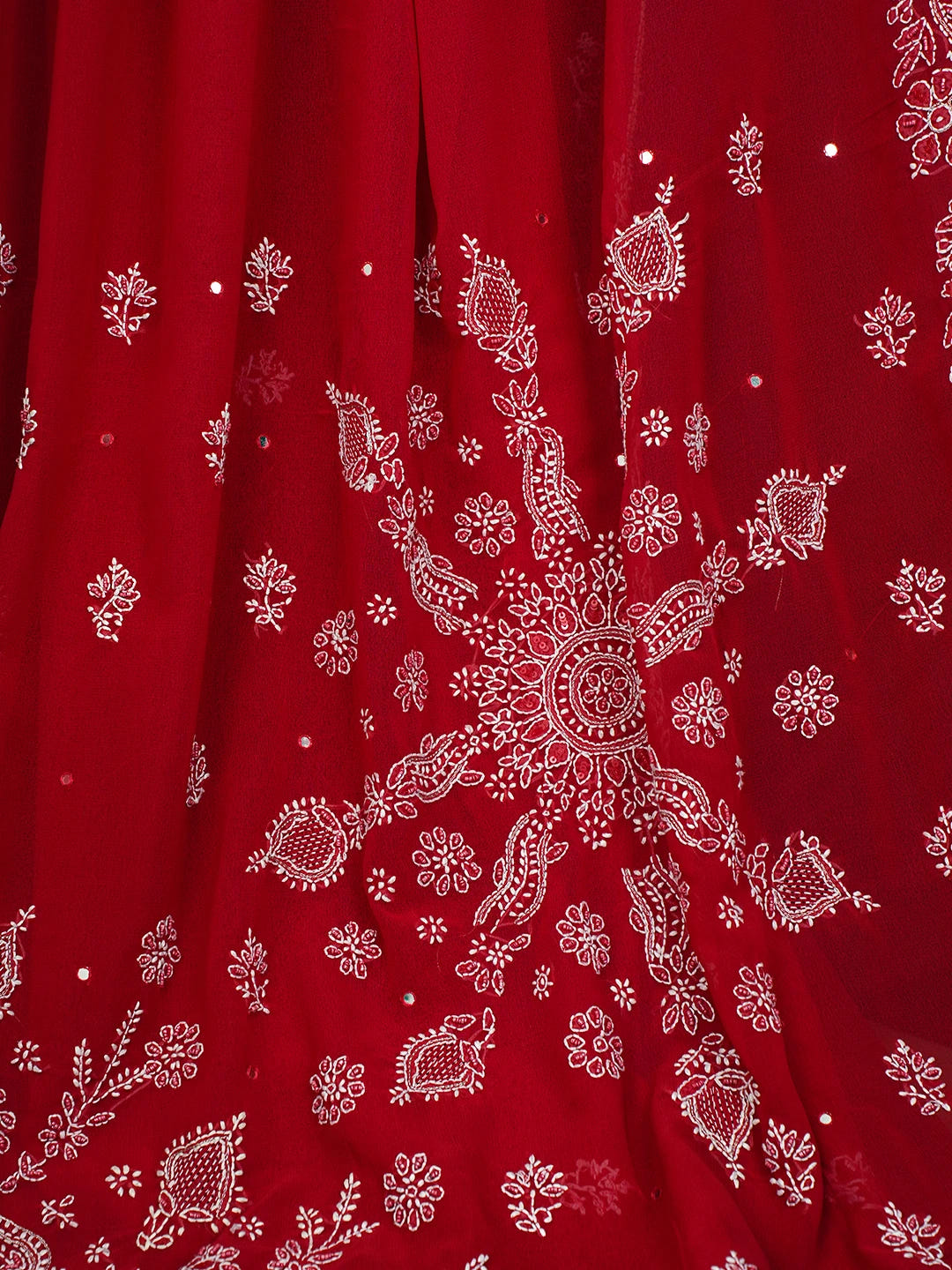 Ada Hand Embroidered Red Georgette Lucknowi Chikankari Saree and Blouse With Cutdana Work 01A269892