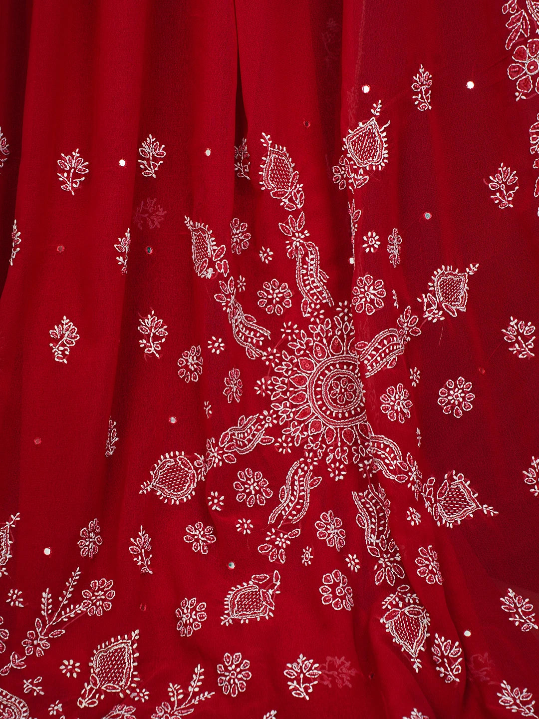 Ada Hand Embroidered Red Georgette Lucknowi Chikankari Saree and Blouse With Cutdana Work 01A269892