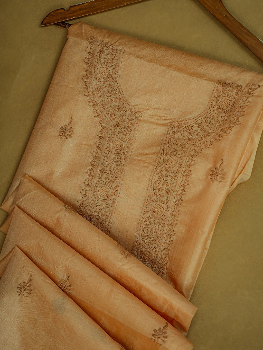 Ada Hand Embroidered Fawn Tussar Silk Lucknowi Chikankari Unstitched Men's Kurta Piece 01A722435