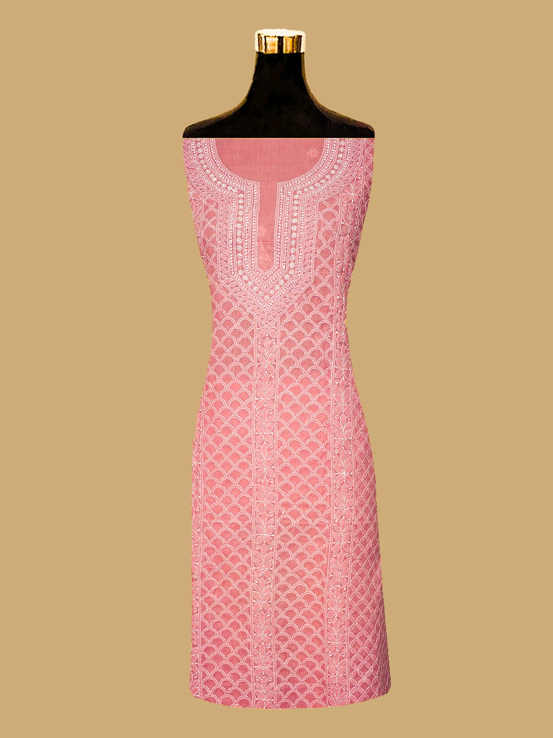 Ada Hand Embroidered Carrot Pink Cotton Lucknowi Chikankari Unstitched Kurta Piece 01A724508