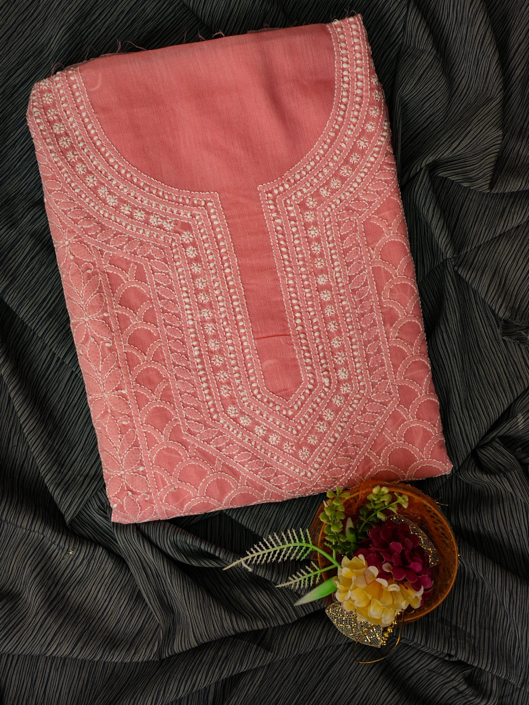 Ada Hand Embroidered Carrot Pink Cotton Lucknowi Chikankari Unstitched Kurta Piece 01A724508