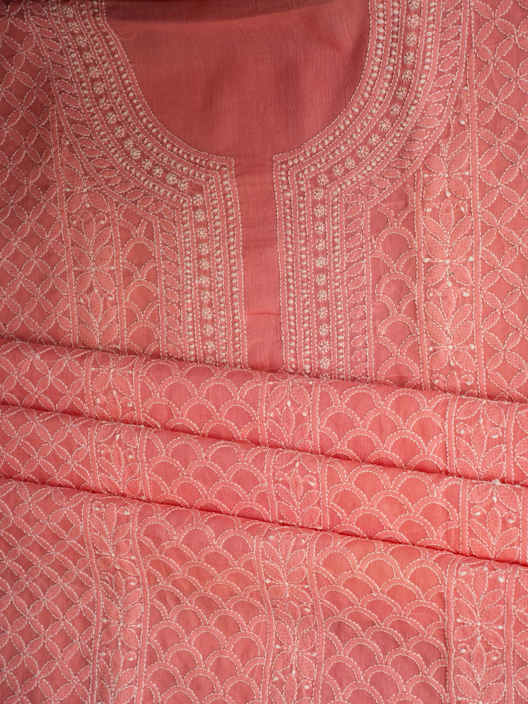 Ada Hand Embroidered Carrot Pink Cotton Lucknowi Chikankari Unstitched Kurta Piece 01A724508