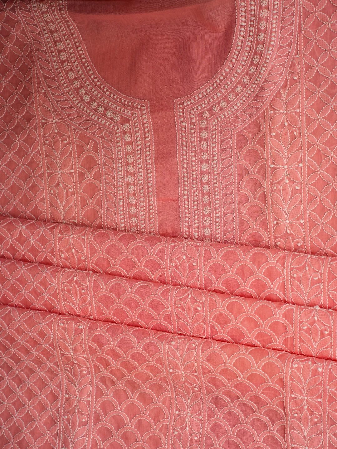 Ada Hand Embroidered Carrot Pink Cotton Lucknowi Chikankari Unstitched Kurta Piece 01A724508