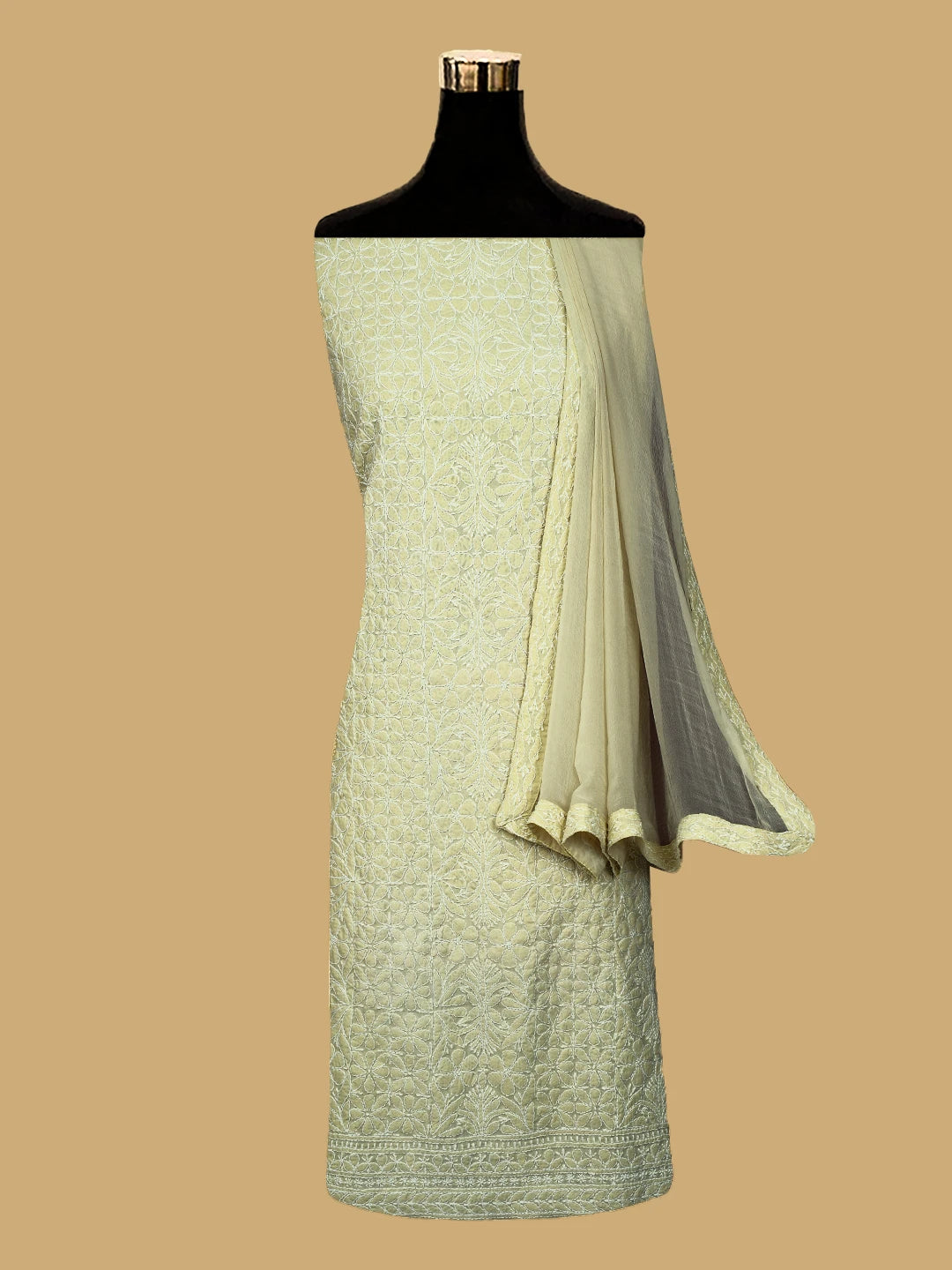 Ada Hand Embroidered Beige Cotton Lucknowi Chikankari Unstitched Suit Piece 01A477218