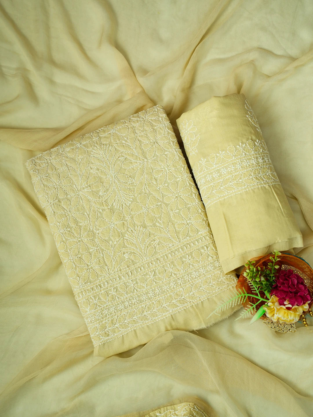 Ada Hand Embroidered Beige Cotton Lucknowi Chikankari Unstitched Suit Piece 01A477218