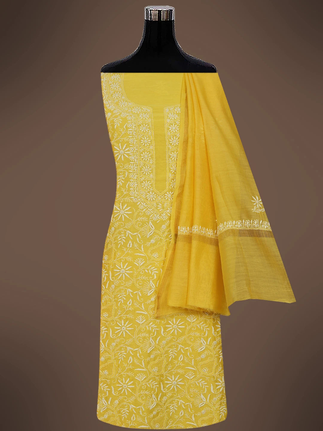 Ada Hand Embroidered Saffron Yellow Chanderi Lucknowi Chikankari Unstitched Kurta Dupatta Set 01A712900