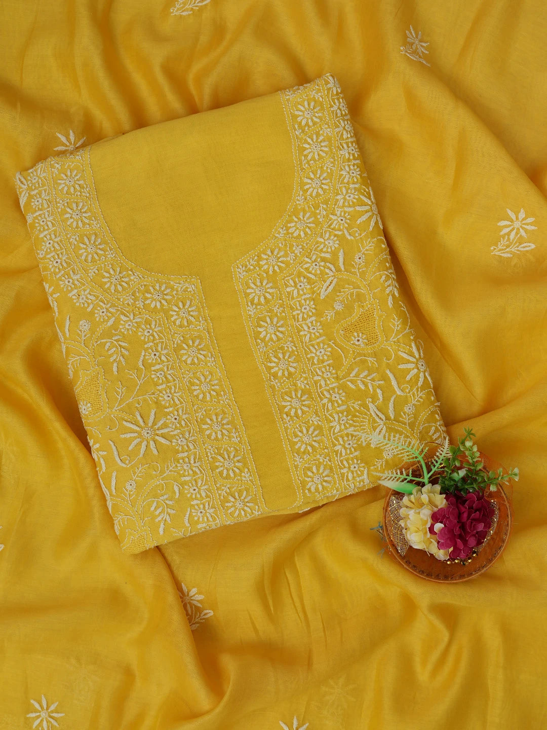 Ada Hand Embroidered Saffron Yellow Chanderi Lucknowi Chikankari Unstitched Kurta Dupatta Set 01A712900