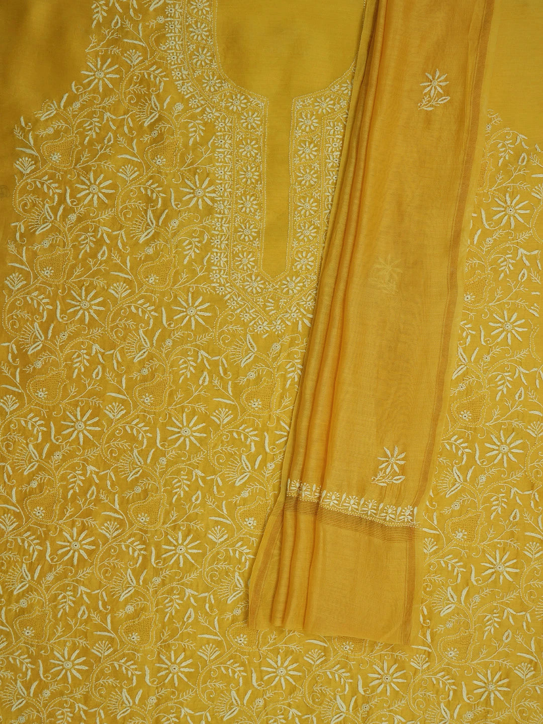 Ada Hand Embroidered Saffron Yellow Chanderi Lucknowi Chikankari Unstitched Kurta Dupatta Set 01A712900
