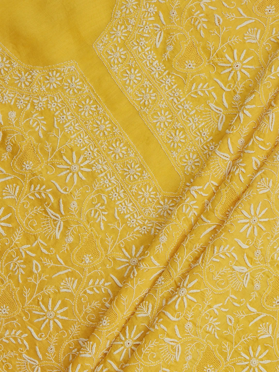 Ada Hand Embroidered Saffron Yellow Chanderi Lucknowi Chikankari Unstitched Kurta Dupatta Set 01A712900
