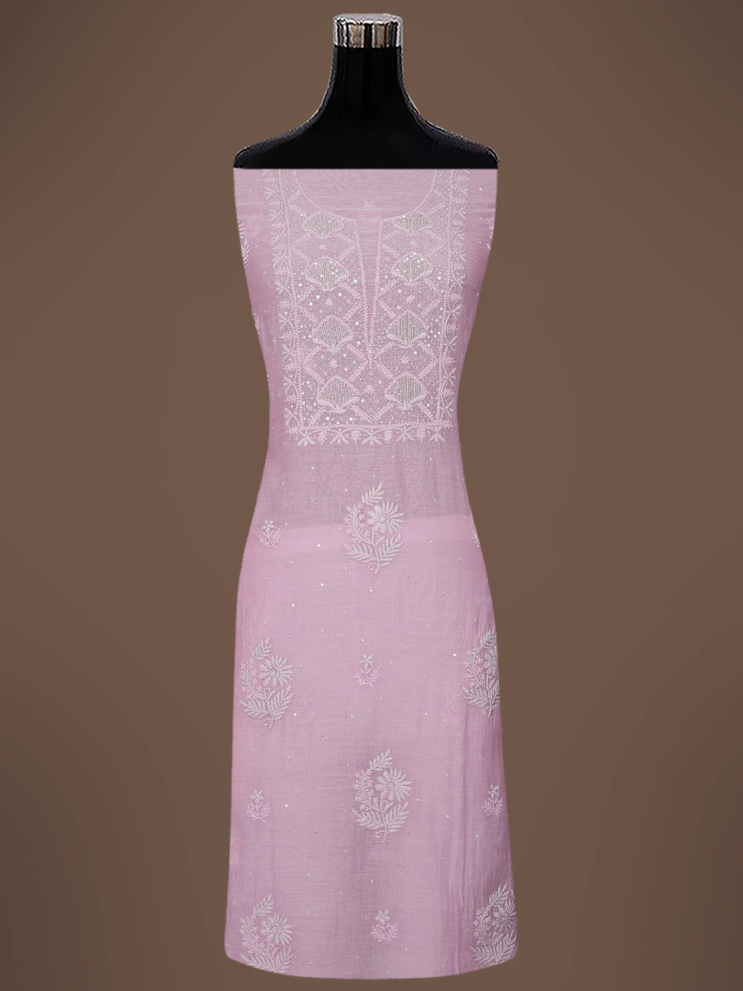 Ada Hand Embroidered Thulian Pink Chanderi Lucknowi Chikankari Unstitched Kurta Dupatta Set With Zari Work 01A681520