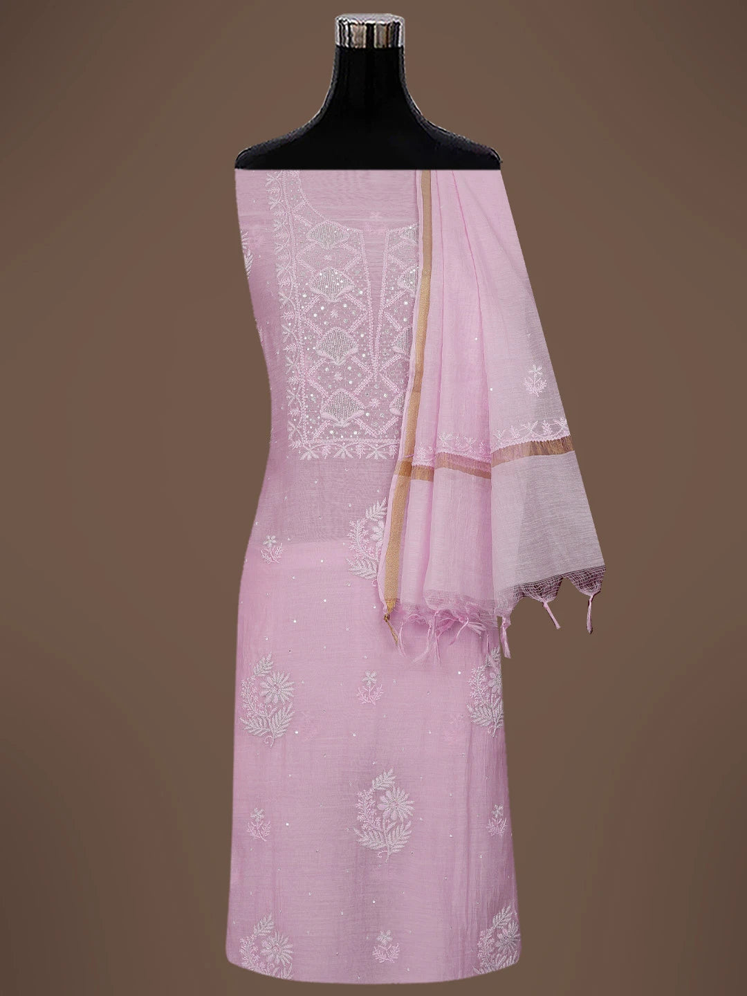 Ada Hand Embroidered Thulian Pink Chanderi Lucknowi Chikankari Unstitched Kurta Dupatta Set With Zari Work 01A681520