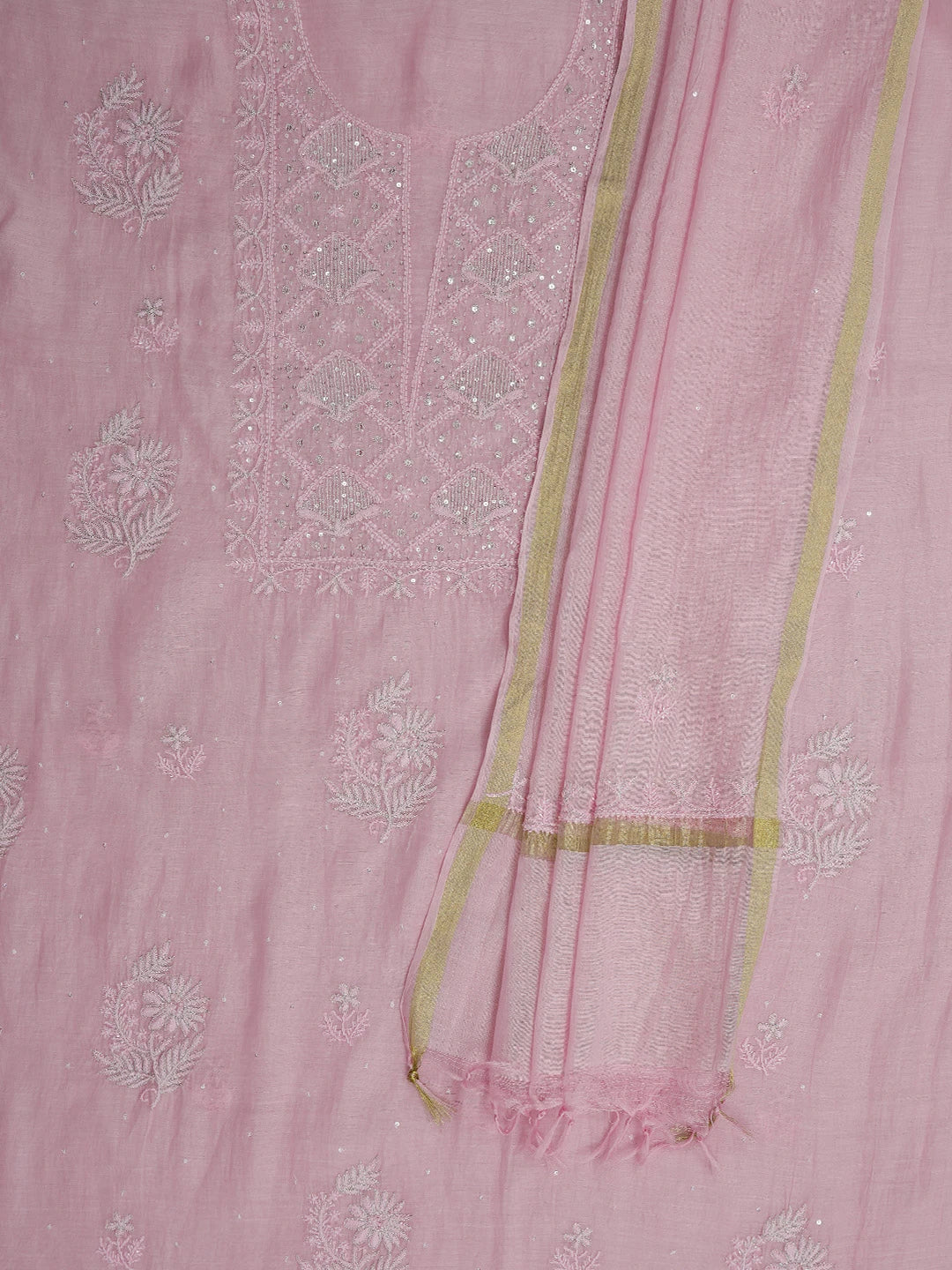 Ada Hand Embroidered Thulian Pink Chanderi Lucknowi Chikankari Unstitched Kurta Dupatta Set With Zari Work 01A681520