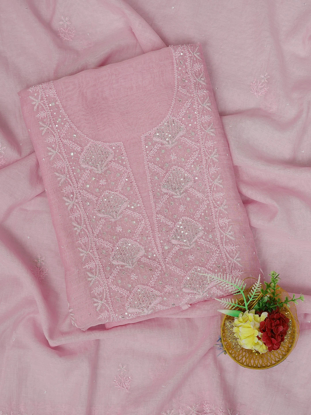 Ada Hand Embroidered Thulian Pink Chanderi Lucknowi Chikankari Unstitched Kurta Dupatta Set With Zari Work 01A681520