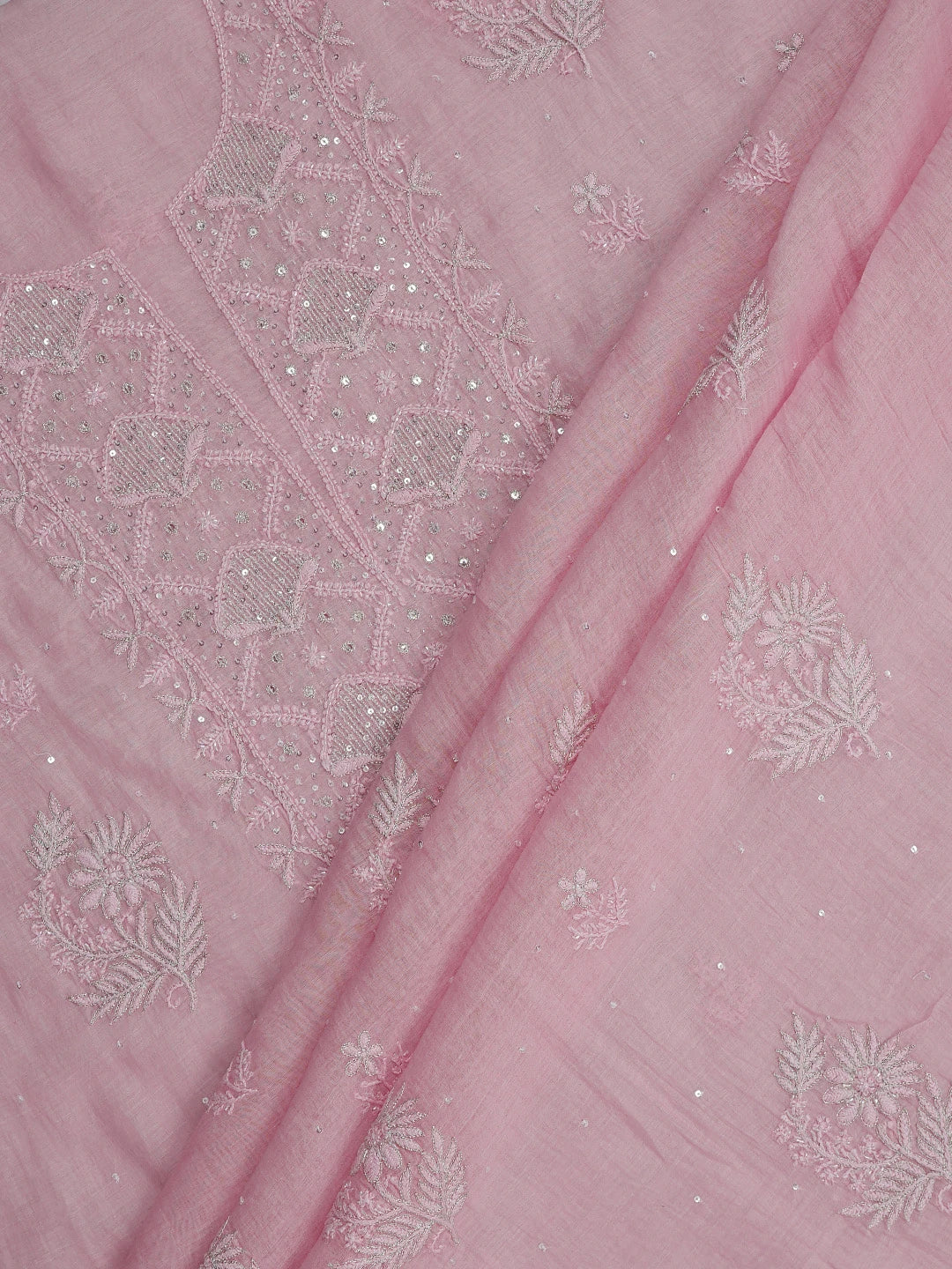 Ada Hand Embroidered Thulian Pink Chanderi Lucknowi Chikankari Unstitched Kurta Dupatta Set With Zari Work 01A681520