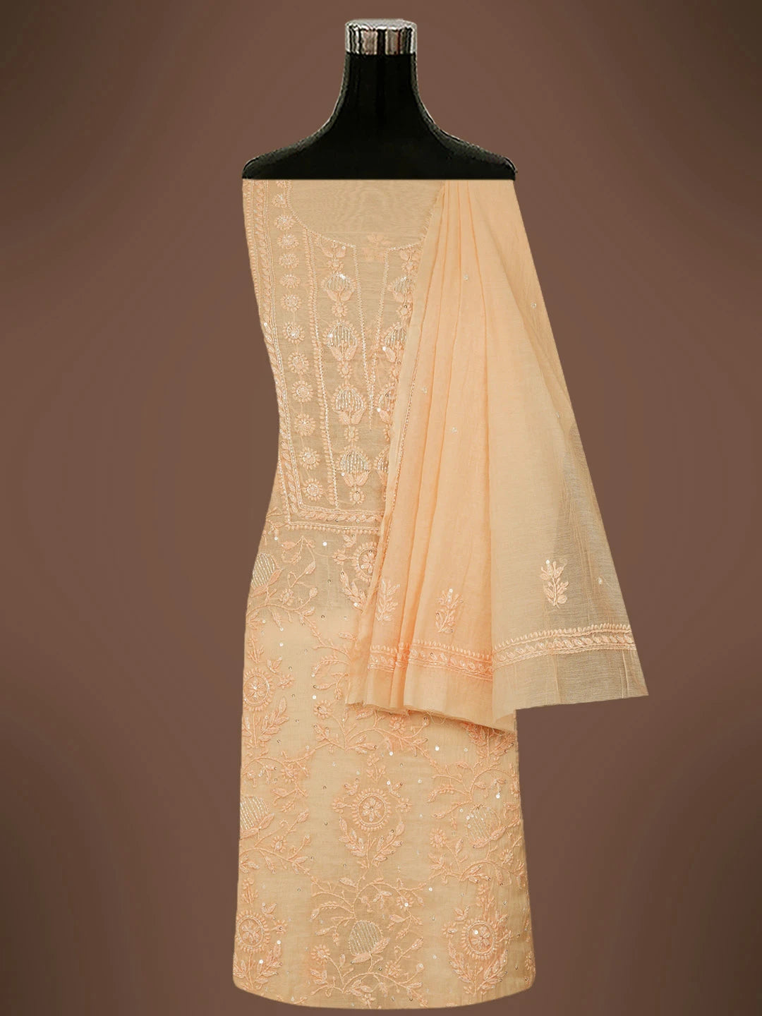 Ada Hand Embroidered Biscuit Yellow Chanderi Lucknowi Chikankari Unstitched Kurta Dupatta Set With Cutdana Work 01A702322