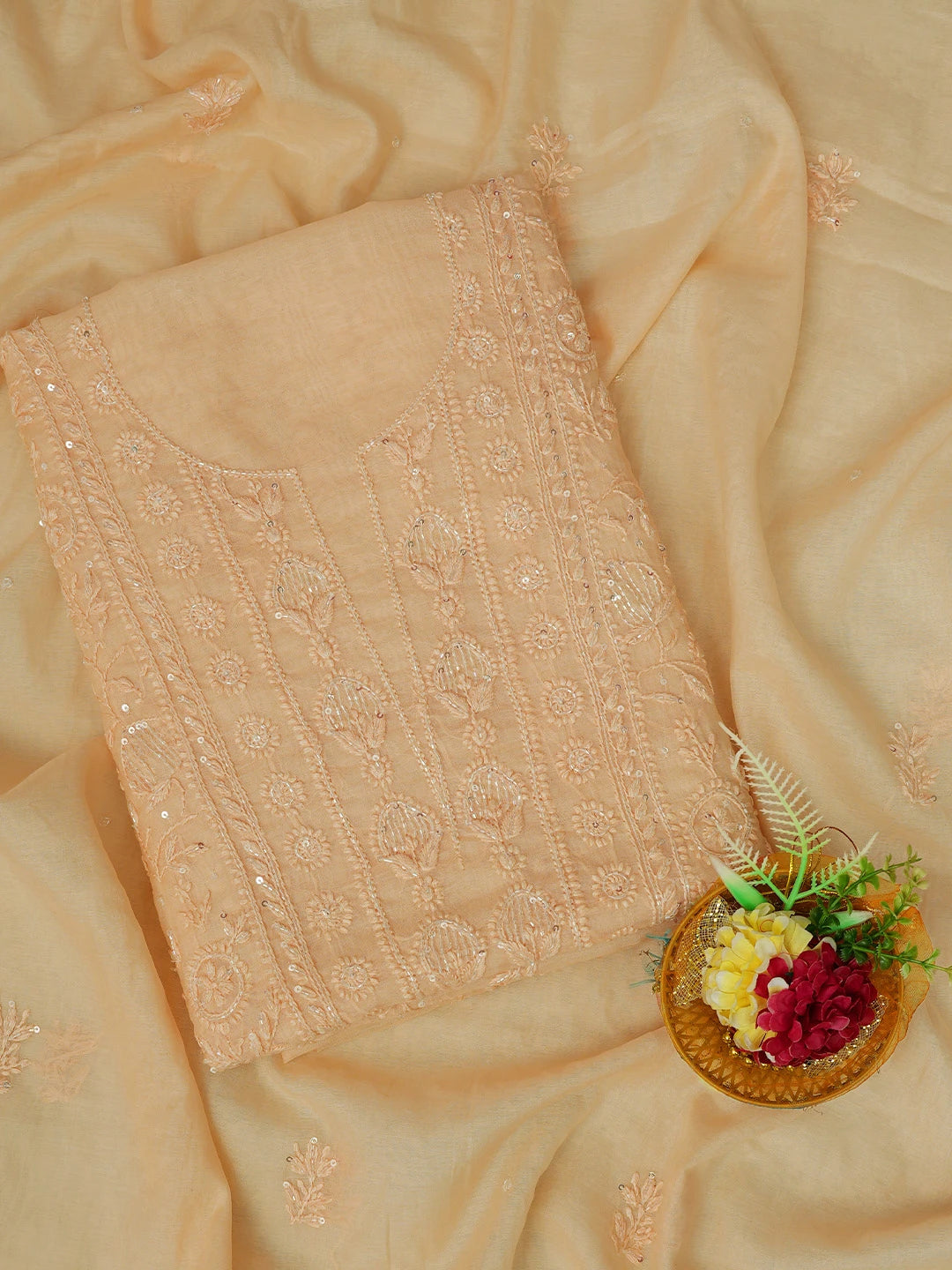 Ada Hand Embroidered Biscuit Yellow Chanderi Lucknowi Chikankari Unstitched Kurta Dupatta Set With Cutdana Work 01A702322