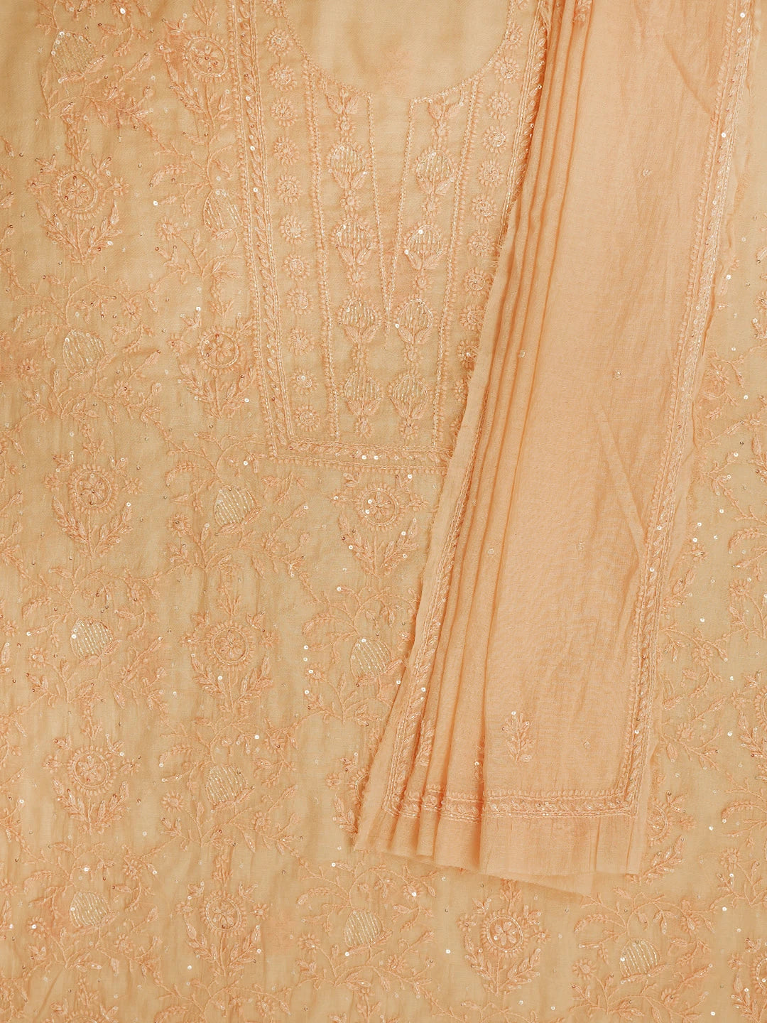 Ada Hand Embroidered Biscuit Yellow Chanderi Lucknowi Chikankari Unstitched Kurta Dupatta Set With Cutdana Work 01A702322