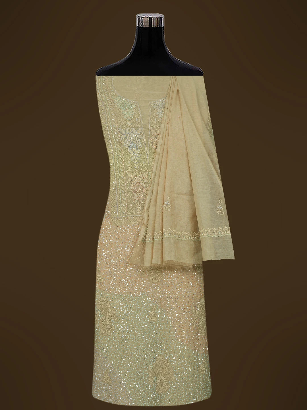 Ada Hand Embroidered Fallow Brown Chanderi Lucknowi Chikankari Unstitched Kurta Dupatta Set With Cutdana Work 01A631641