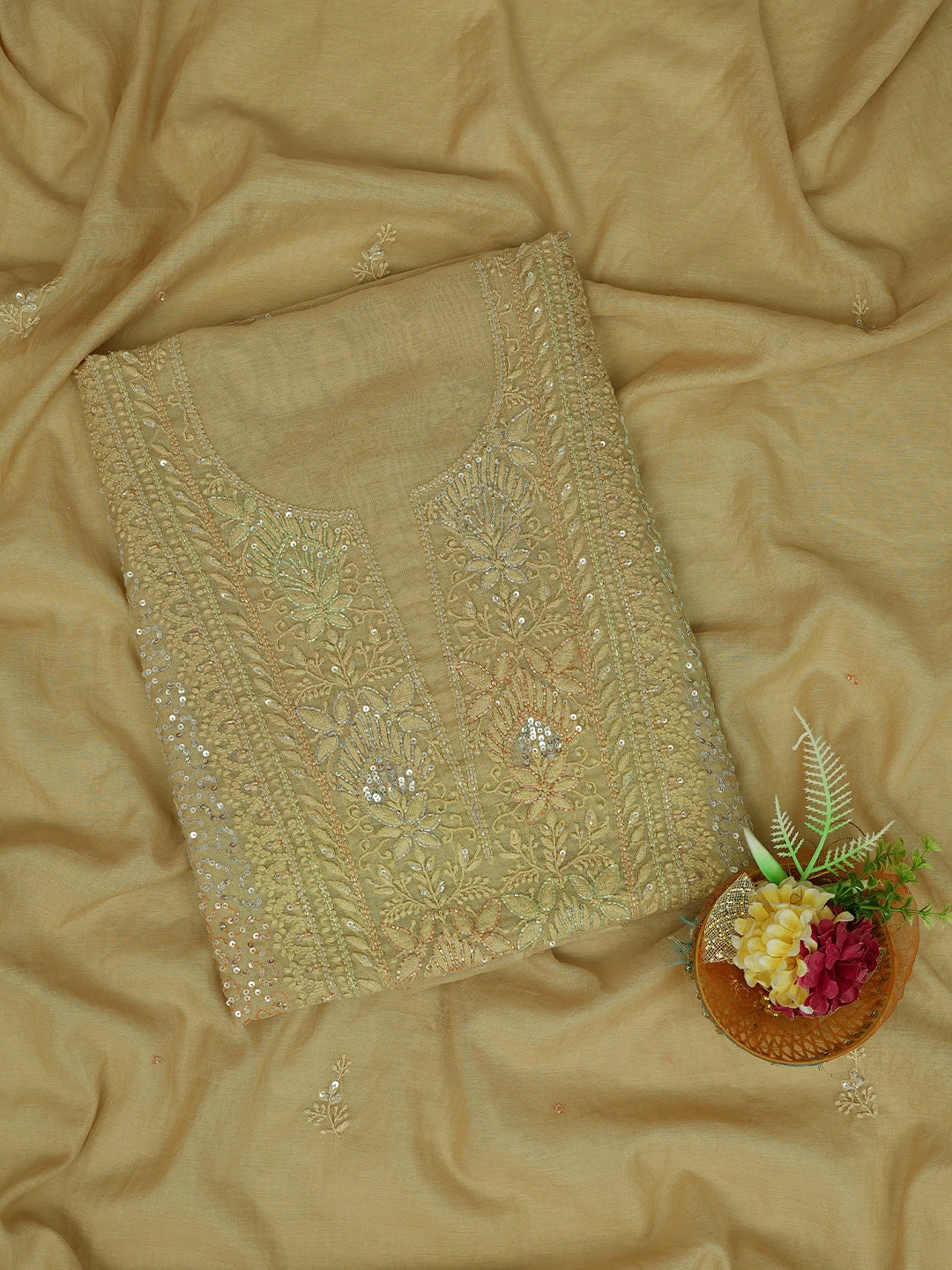 Ada Hand Embroidered Fallow Brown Chanderi Lucknowi Chikankari Unstitched Kurta Dupatta Set With Cutdana Work 01A631641