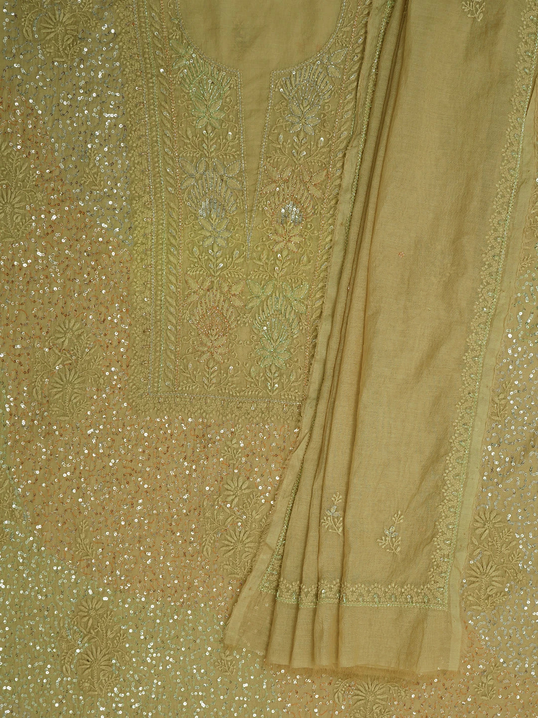 Ada Hand Embroidered Fallow Brown Chanderi Lucknowi Chikankari Unstitched Kurta Dupatta Set With Cutdana Work 01A631641