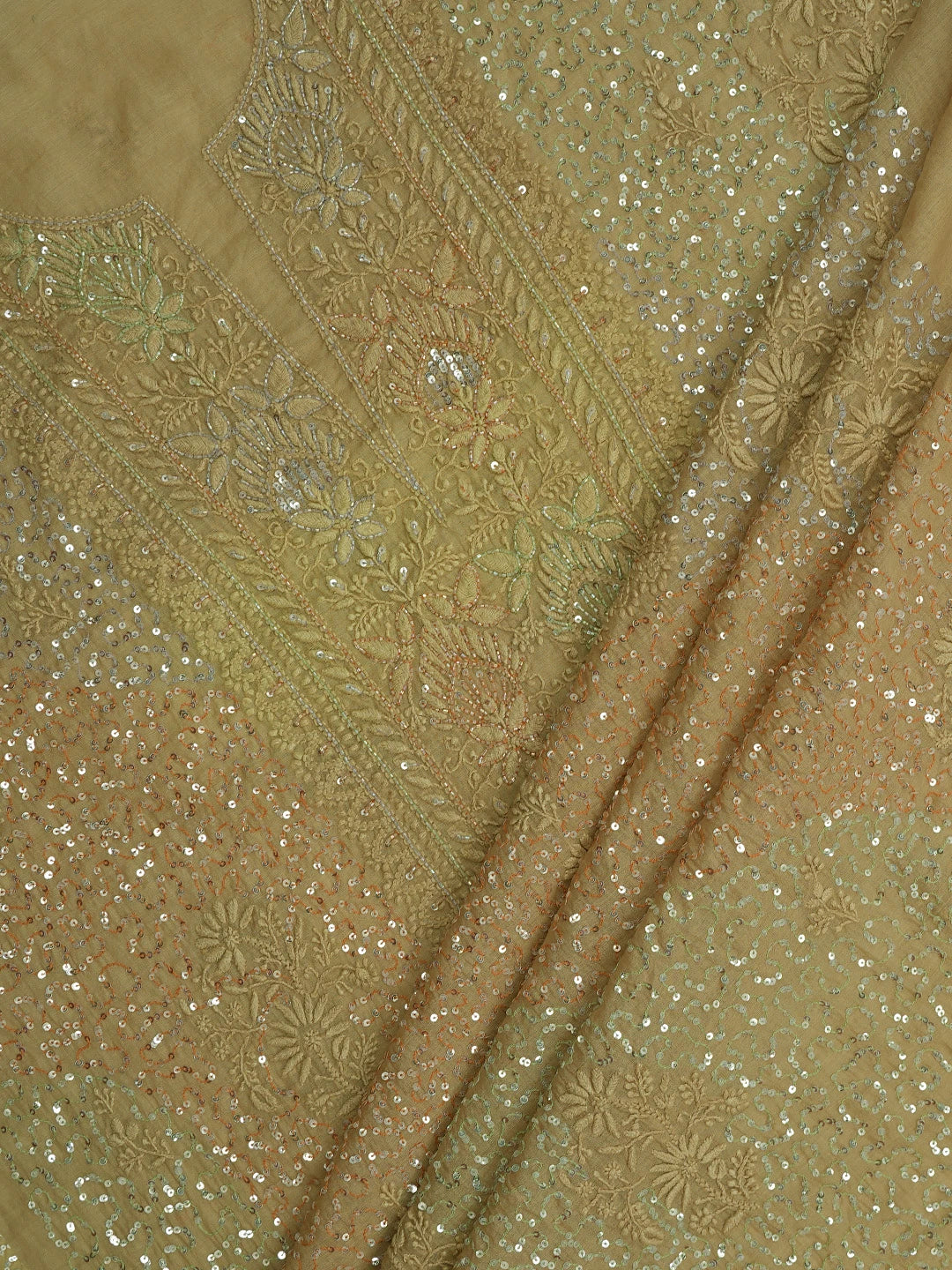 Ada Hand Embroidered Fallow Brown Chanderi Lucknowi Chikankari Unstitched Kurta Dupatta Set With Cutdana Work 01A631641