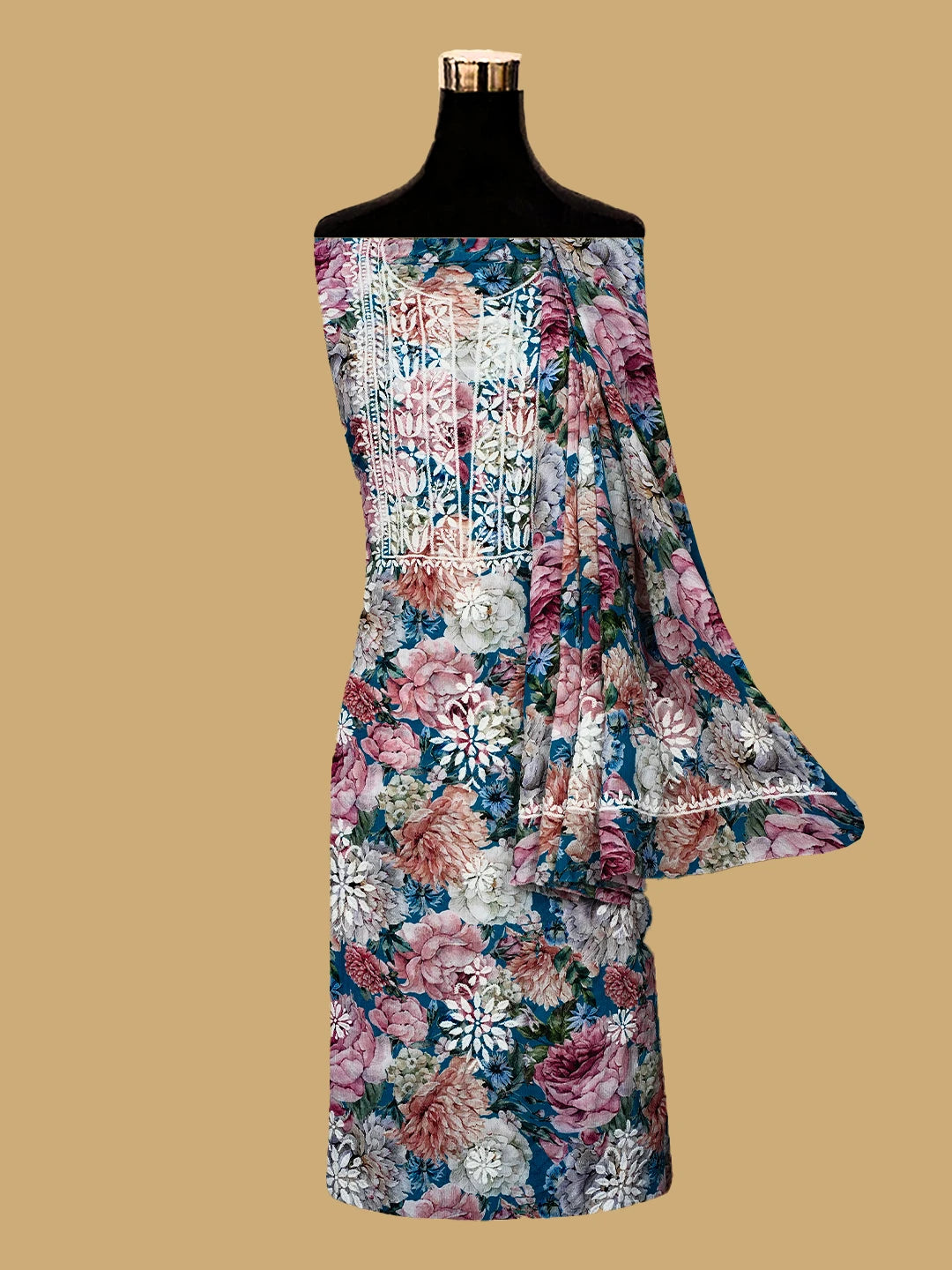 Ada Hand Embroidered Multicolor Crepe Floral Printed Lucknowi Chikankari Unstitched Kurta Dupatta Set 01A722949