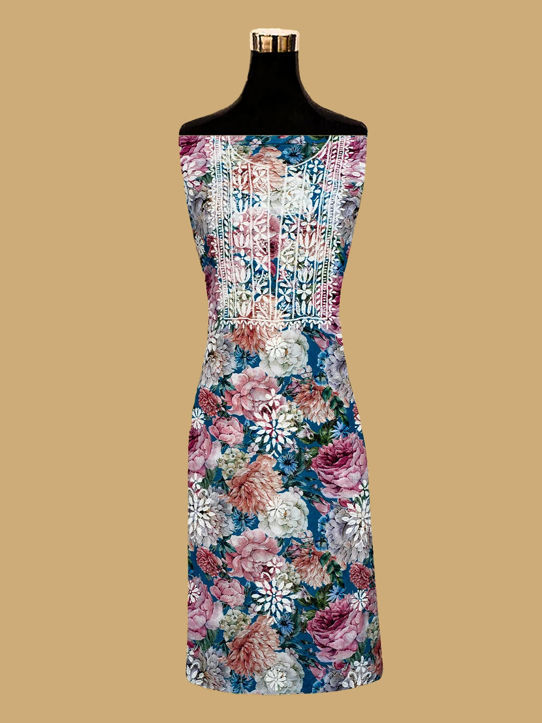 Ada Hand Embroidered Multicolor Crepe Floral Printed Lucknowi Chikankari Unstitched Kurta Dupatta Set 01A722949