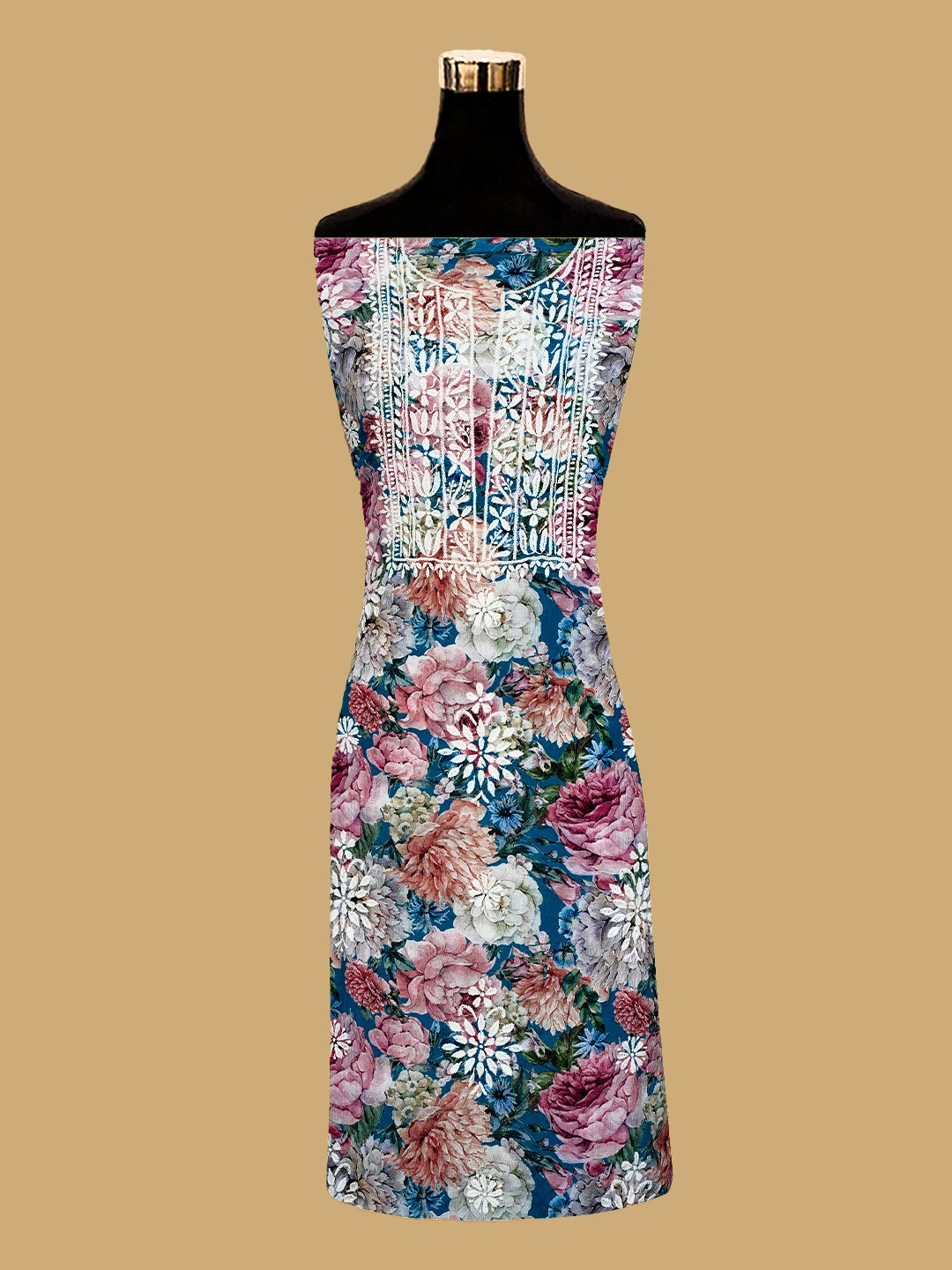 Ada Hand Embroidered Multicolor Crepe Floral Printed Lucknowi Chikankari Unstitched Kurta Dupatta Set 01A722949