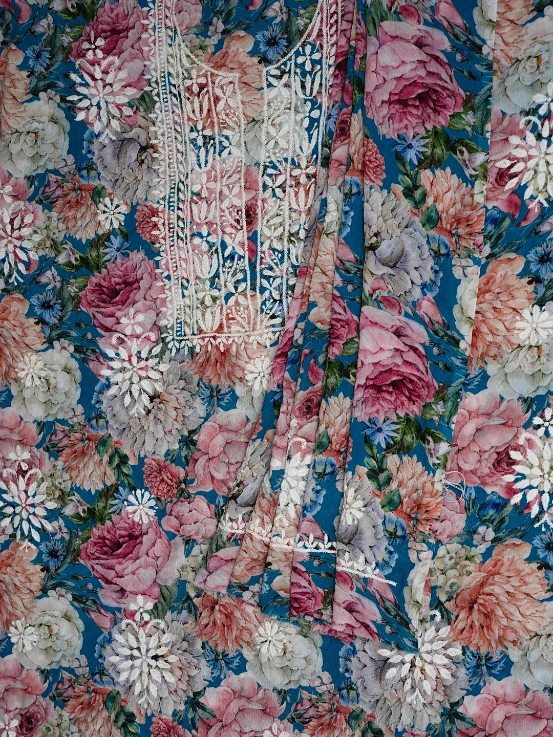 Ada Hand Embroidered Multicolor Crepe Floral Printed Lucknowi Chikankari Unstitched Kurta Dupatta Set 01A722949
