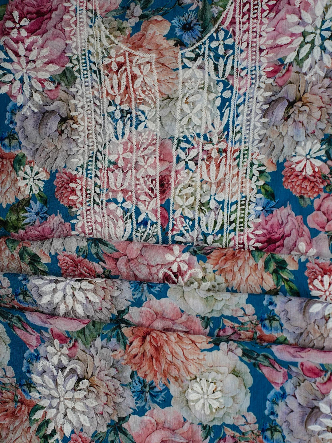 Ada Hand Embroidered Multicolor Crepe Floral Printed Lucknowi Chikankari Unstitched Kurta Dupatta Set 01A722949