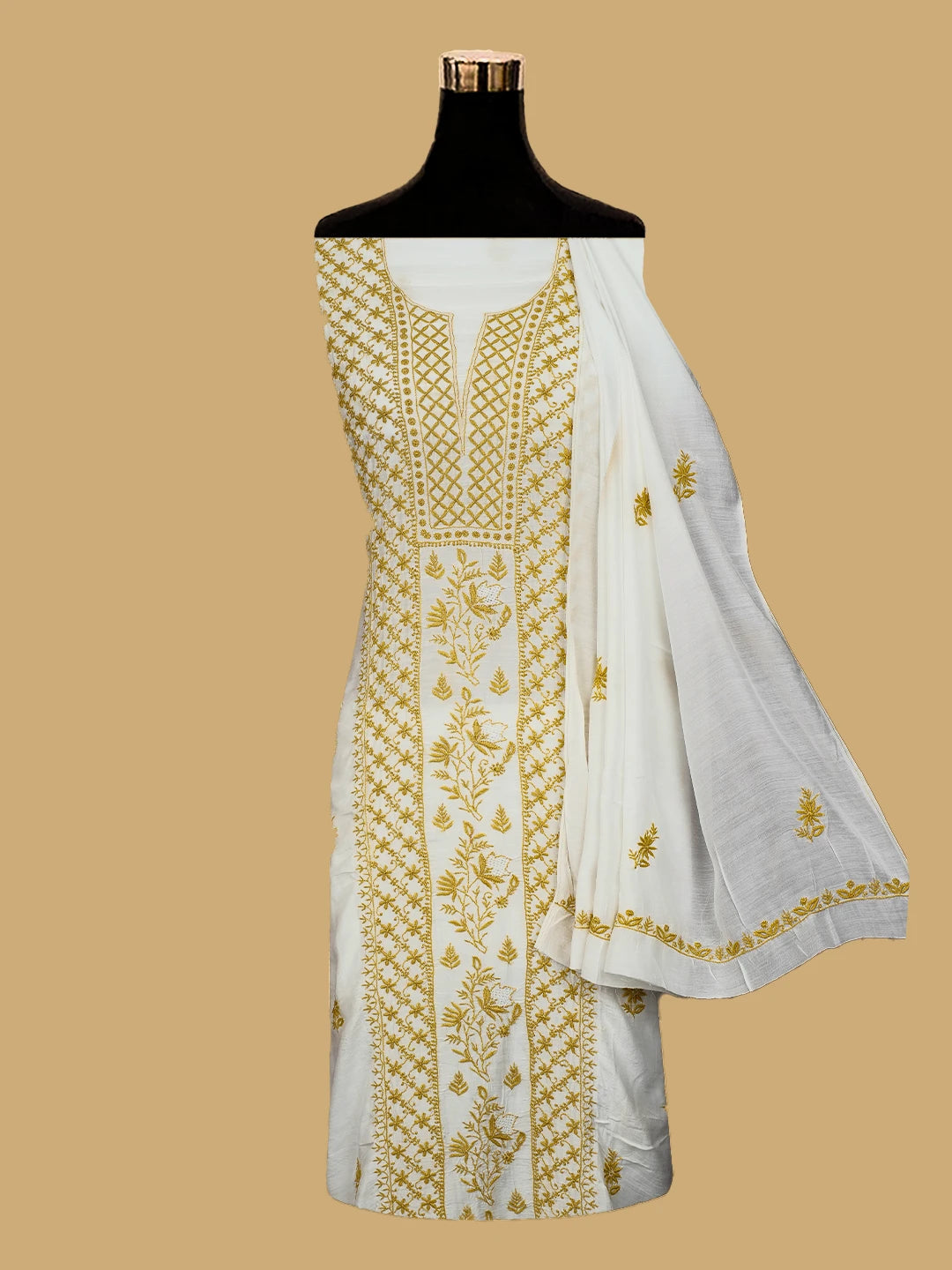Ada Hand Embroidered White Muslin Lucknowi Chikankari Unstitched Kurta Dupatta Set 01A609988