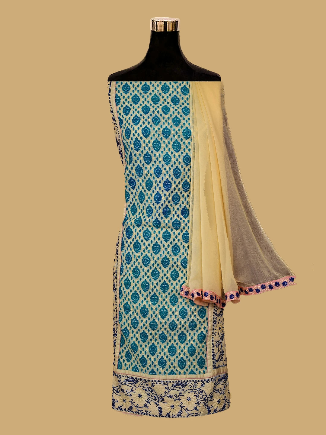 Ada Hand Embroidered Beige Cotton Lucknowi Chikankari Unstitched Suit Piece 01A555674