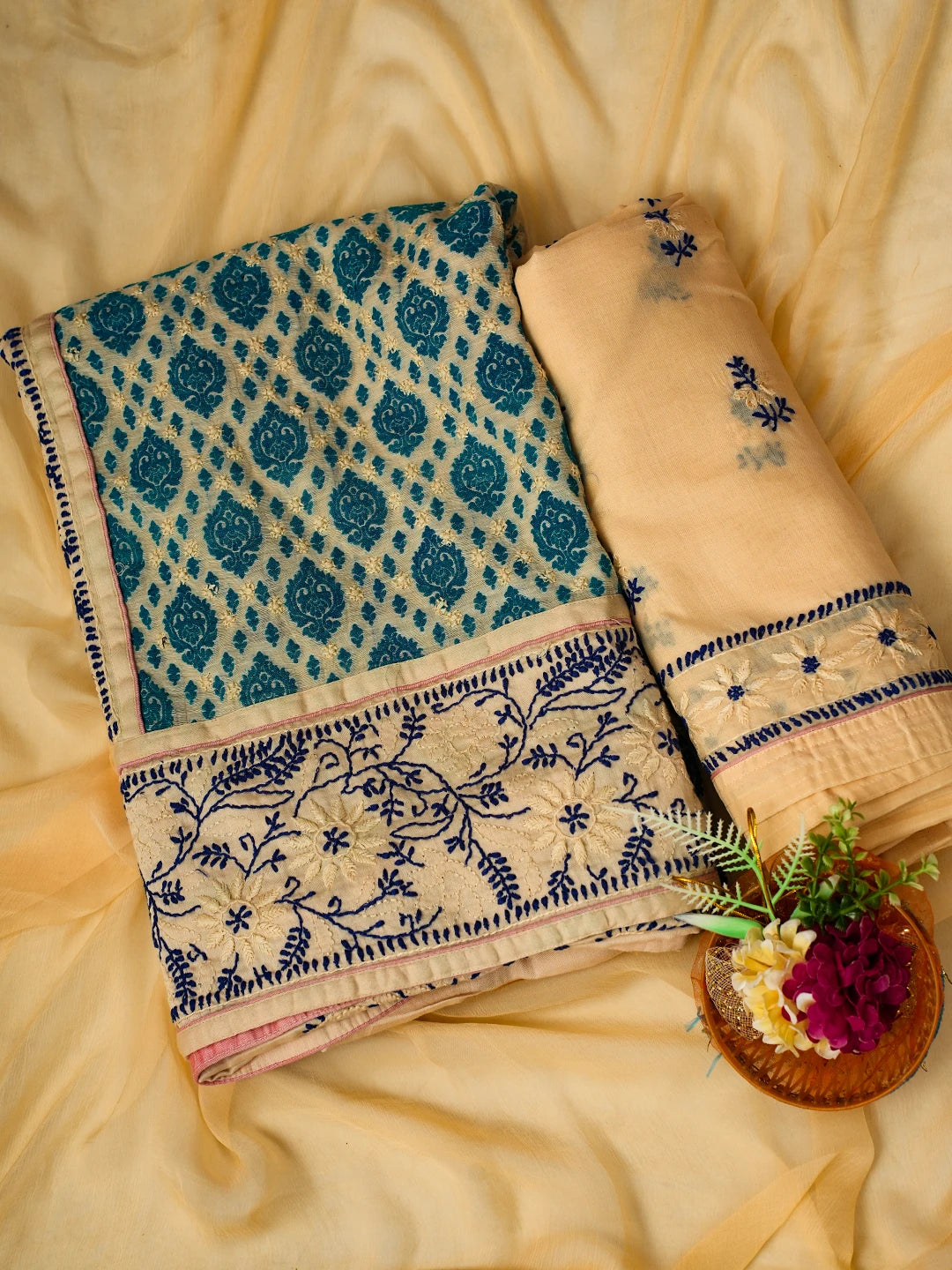 Ada Hand Embroidered Beige Cotton Lucknowi Chikankari Unstitched Suit Piece 01A555674