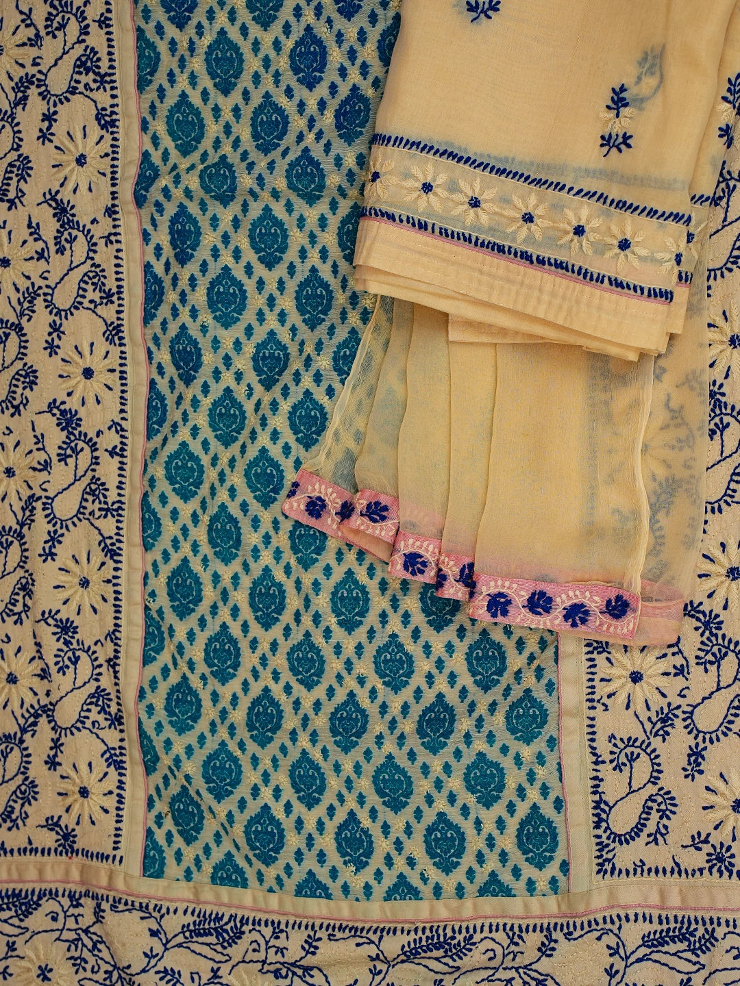 Ada Hand Embroidered Beige Cotton Lucknowi Chikankari Unstitched Suit Piece 01A555674