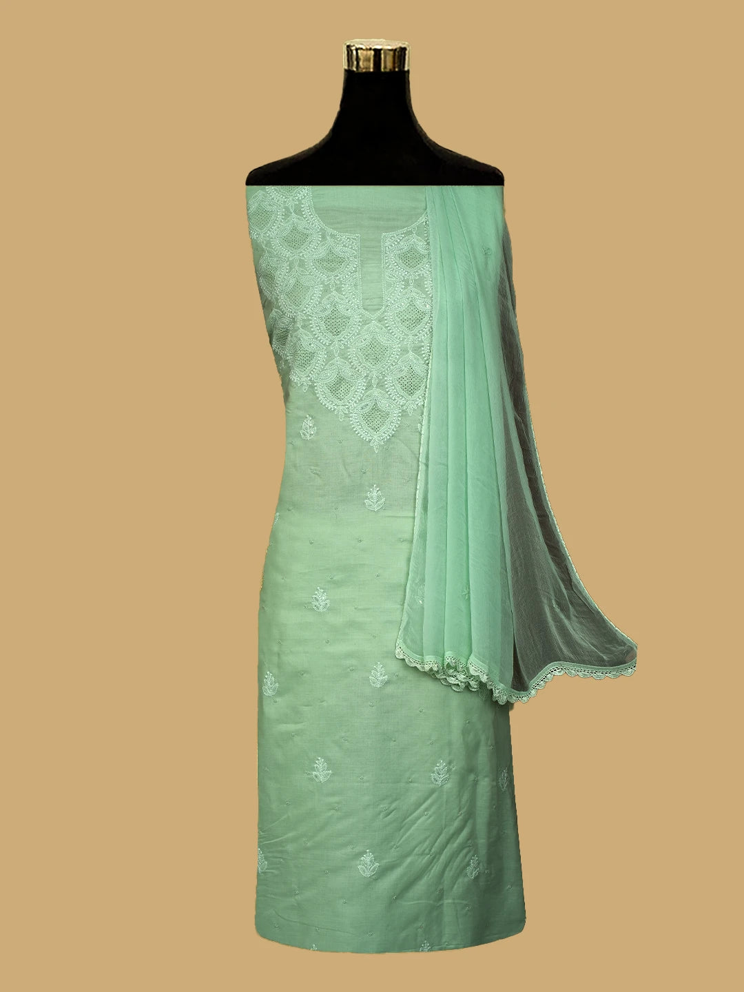 Ada Hand Embroidered Light Green Cotton Lucknowi Chikankari Unstitched Suit Piece With Cutdana Work 01A661795