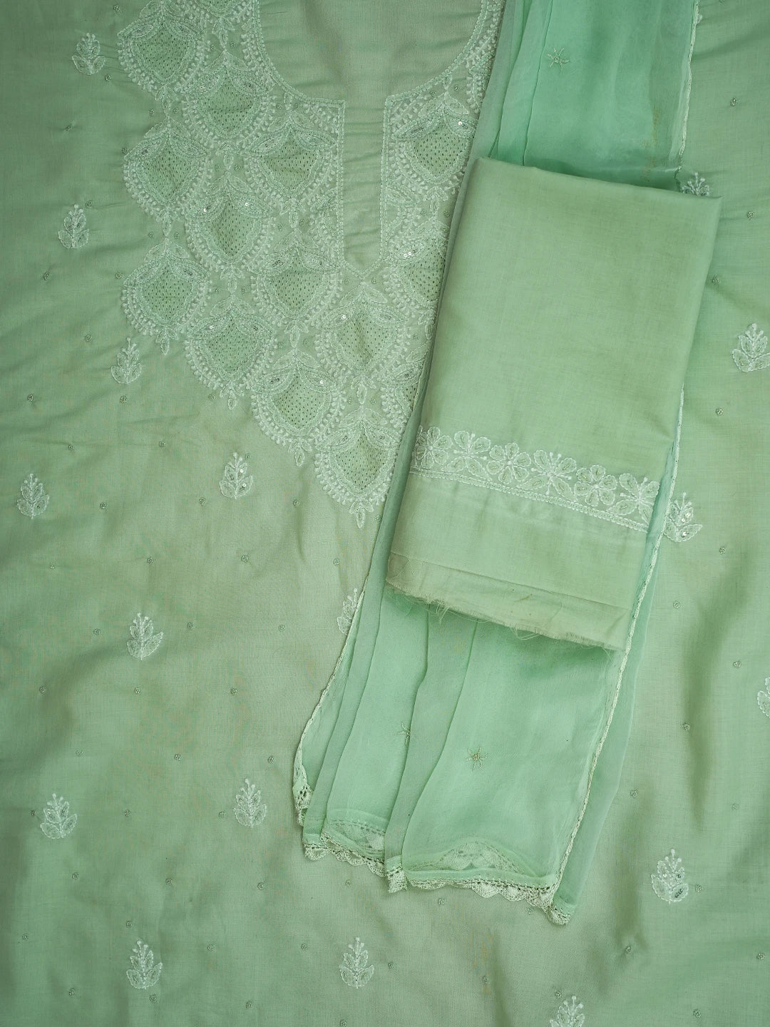 Ada Hand Embroidered Light Green Cotton Lucknowi Chikankari Unstitched Suit Piece With Cutdana Work 01A661795