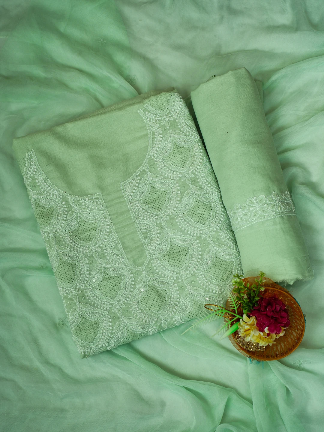 Ada Hand Embroidered Light Green Cotton Lucknowi Chikankari Unstitched Suit Piece With Cutdana Work 01A661795