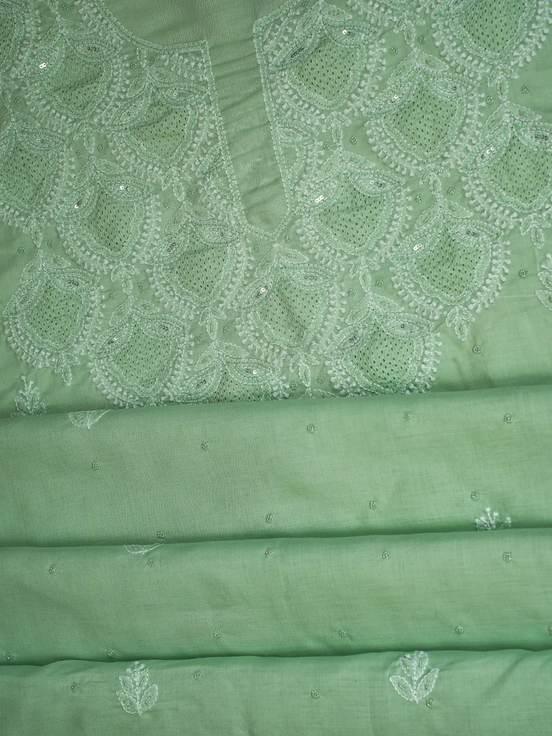 Ada Hand Embroidered Light Green Cotton Lucknowi Chikankari Unstitched Suit Piece With Cutdana Work 01A661795