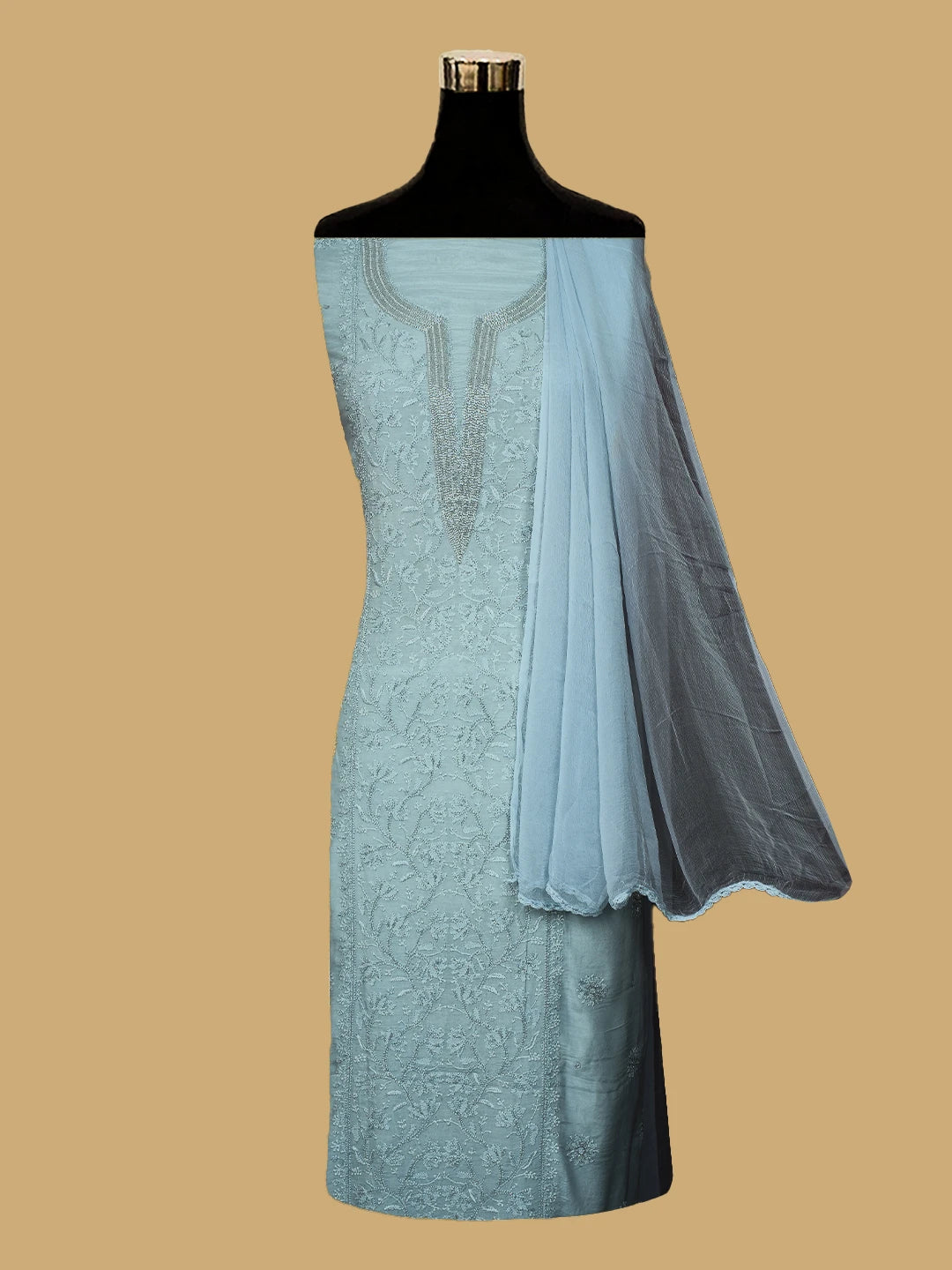 Ada Hand Embroidered Carolina Blue Muslin Lucknowi Chikankari Unstitched Suit Piece With Cutdana Work 01A709486