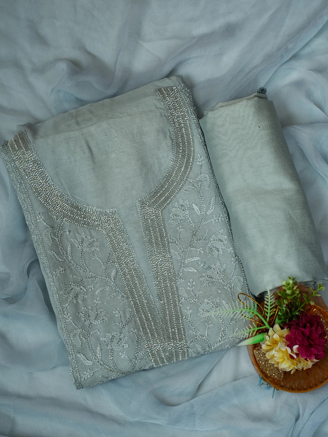 Ada Hand Embroidered Carolina Blue Muslin Lucknowi Chikankari Unstitched Suit Piece With Cutdana Work 01A709486