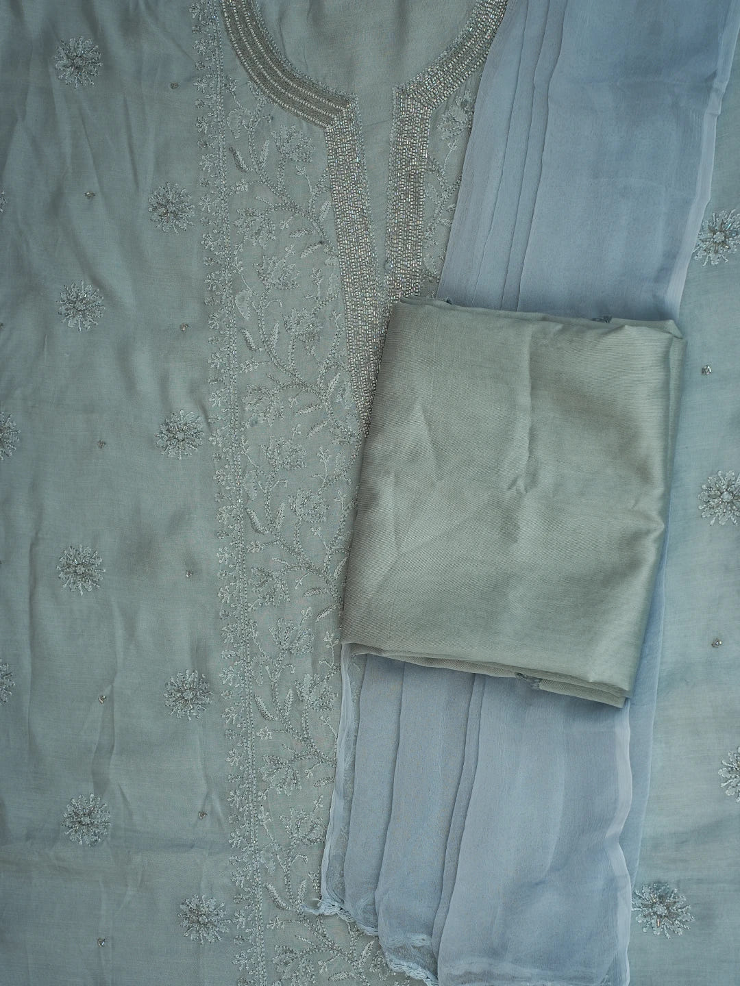 Ada Hand Embroidered Carolina Blue Muslin Lucknowi Chikankari Unstitched Suit Piece With Cutdana Work 01A709486