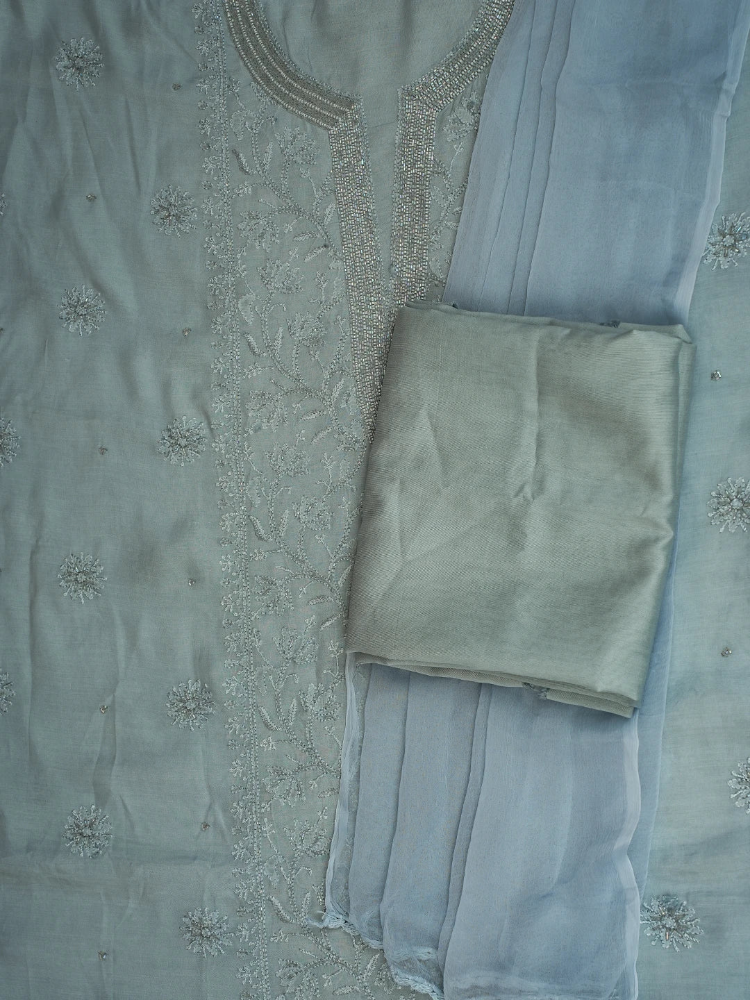 Ada Hand Embroidered Carolina Blue Muslin Lucknowi Chikankari Unstitched Suit Piece With Cutdana Work 01A709486