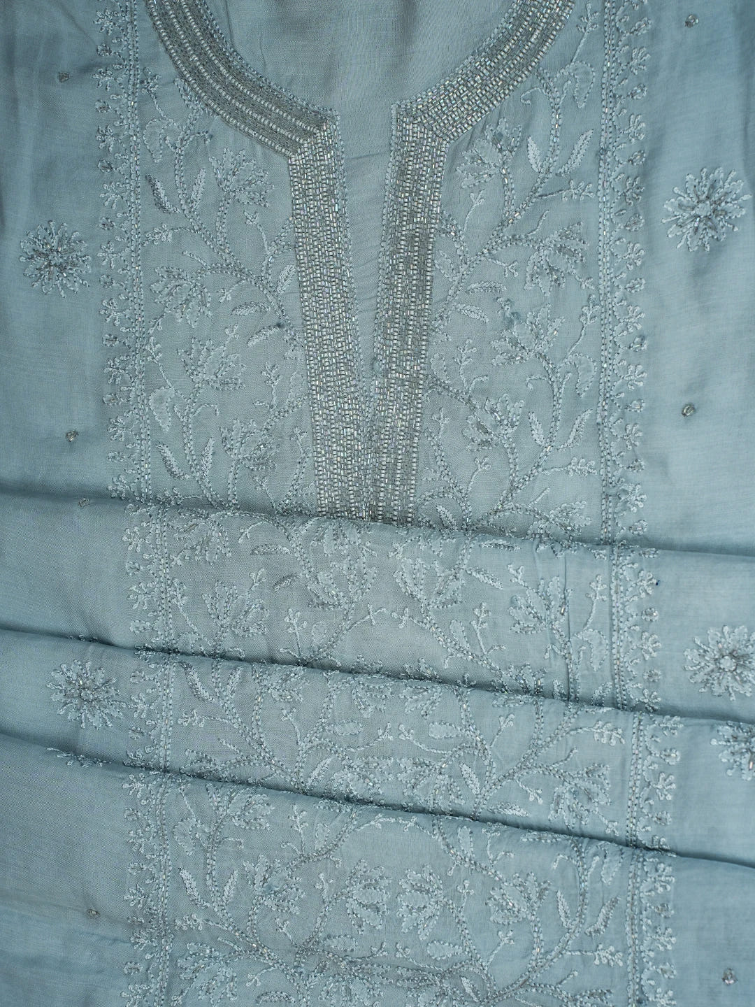 Ada Hand Embroidered Carolina Blue Muslin Lucknowi Chikankari Unstitched Suit Piece With Cutdana Work 01A709486