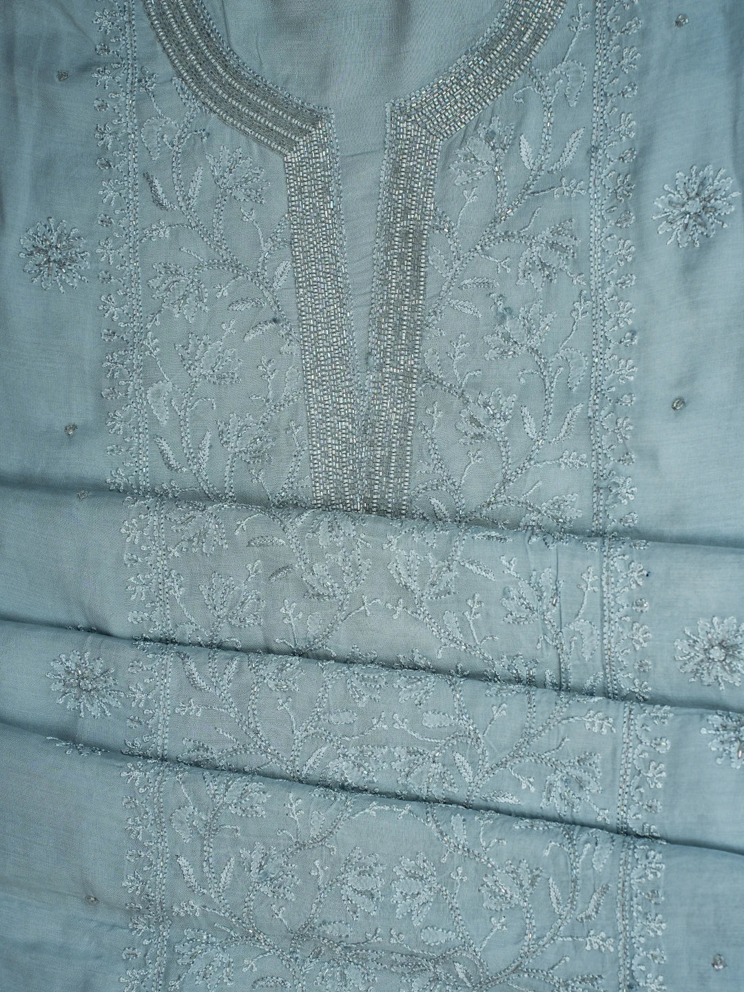 Ada Hand Embroidered Carolina Blue Muslin Lucknowi Chikankari Unstitched Suit Piece With Cutdana Work 01A709486