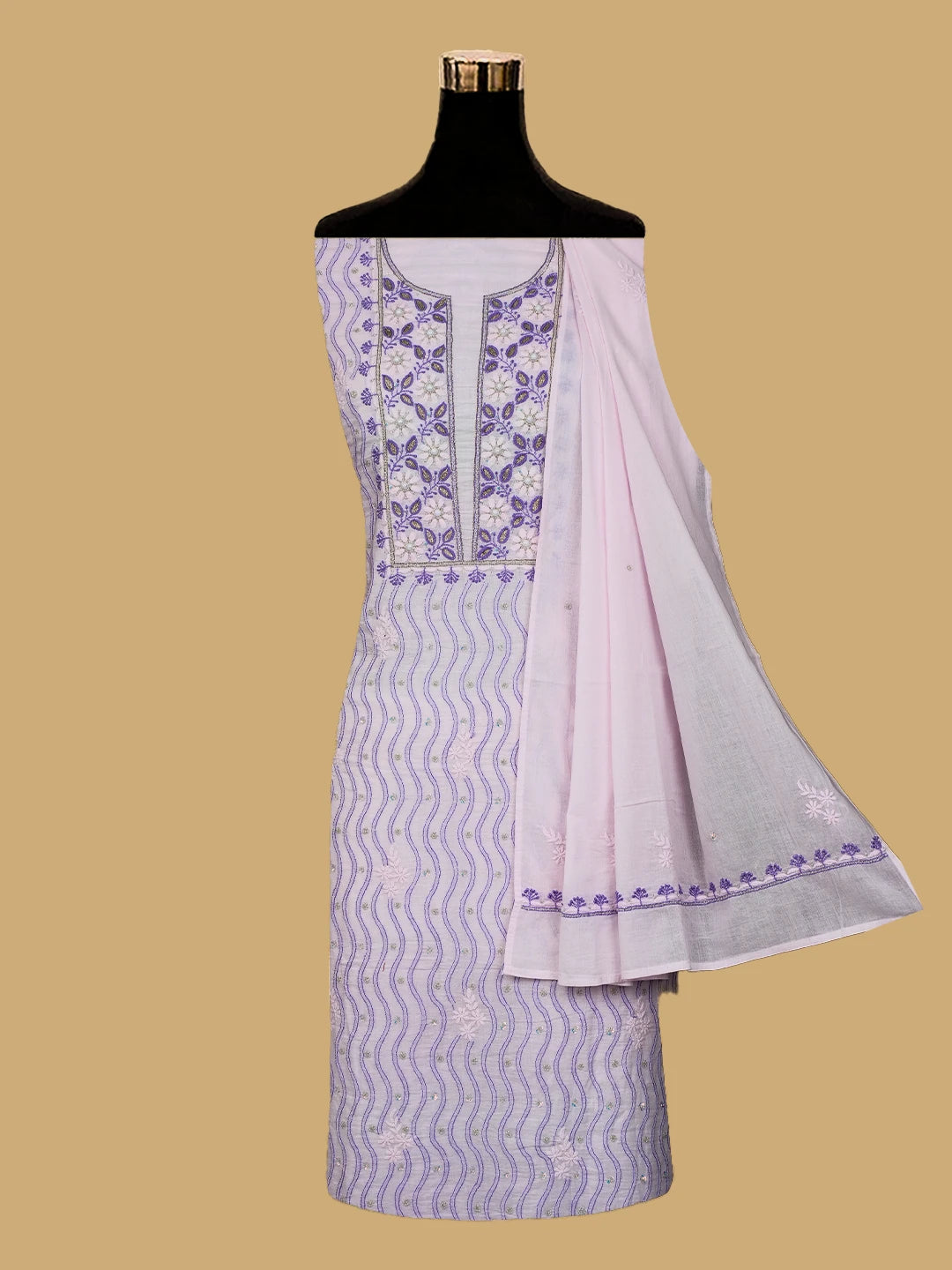 Ada Hand Embroidered Pink Cotton Lucknowi Chikankari Unstitched Kurta Dupatta Set With Cutdana Work 01A526015